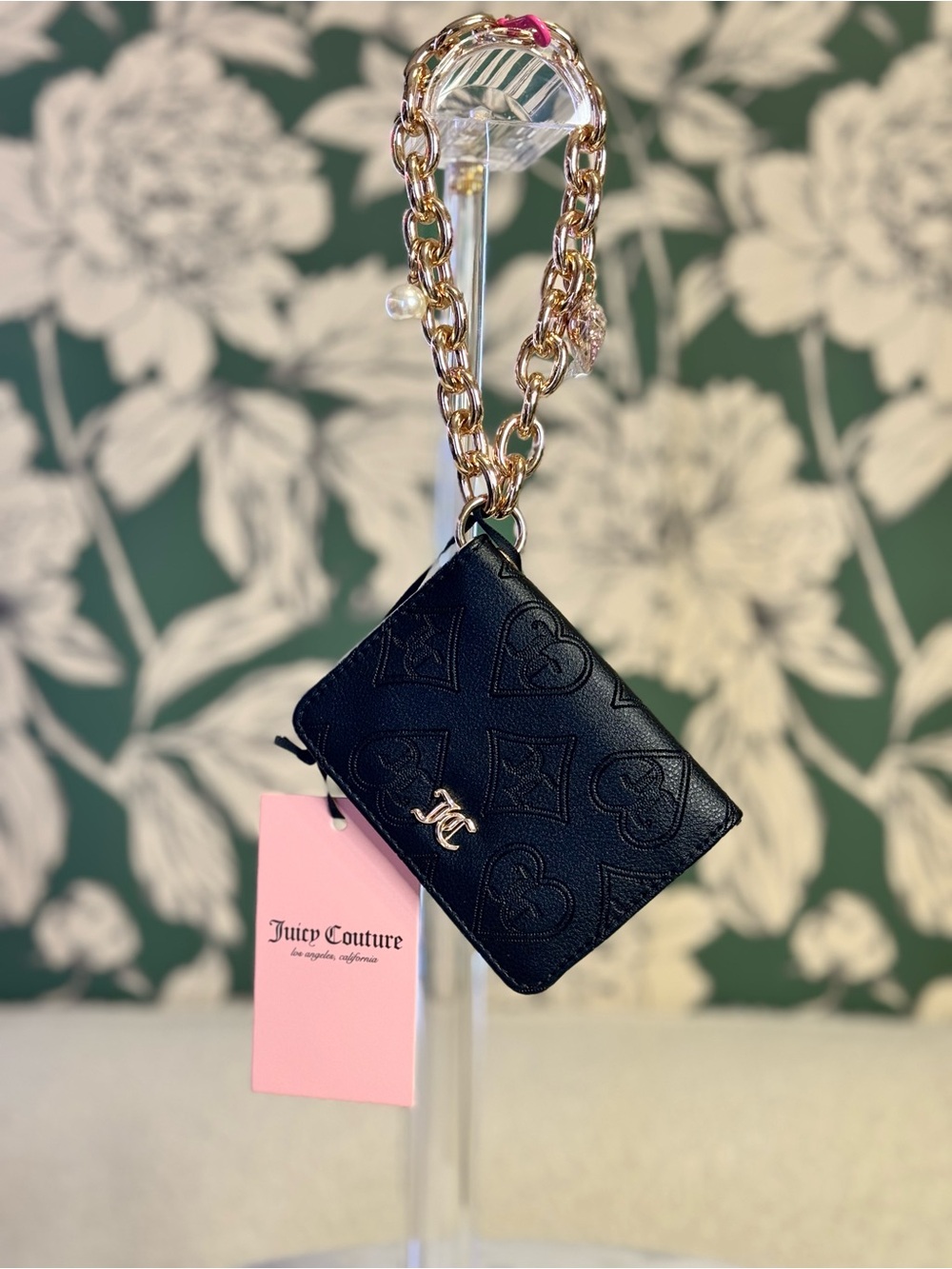 Juicy Couture Black Embossed Cardholder Wristlet with Gold Chain